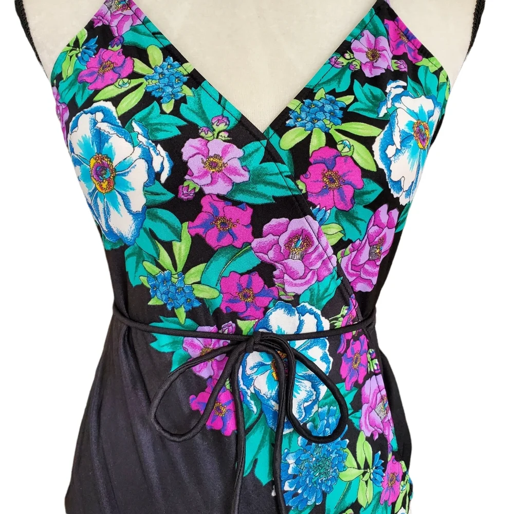 Vintage Sassafras black neon floral one piece swimsuit wrap open back medium - Picture 4 of 7
